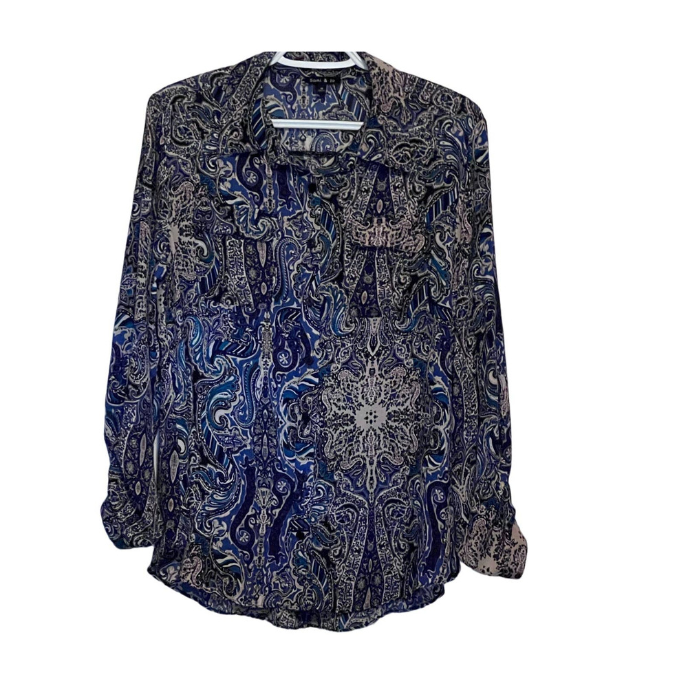 Sami & Jo Women's‎ Blue Black White Printed Long Sleeve Button Front Size M